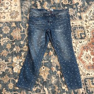 lei Ashley Star Print Low Rise Blue Ankle Cropped Jeans with Distressed Finish